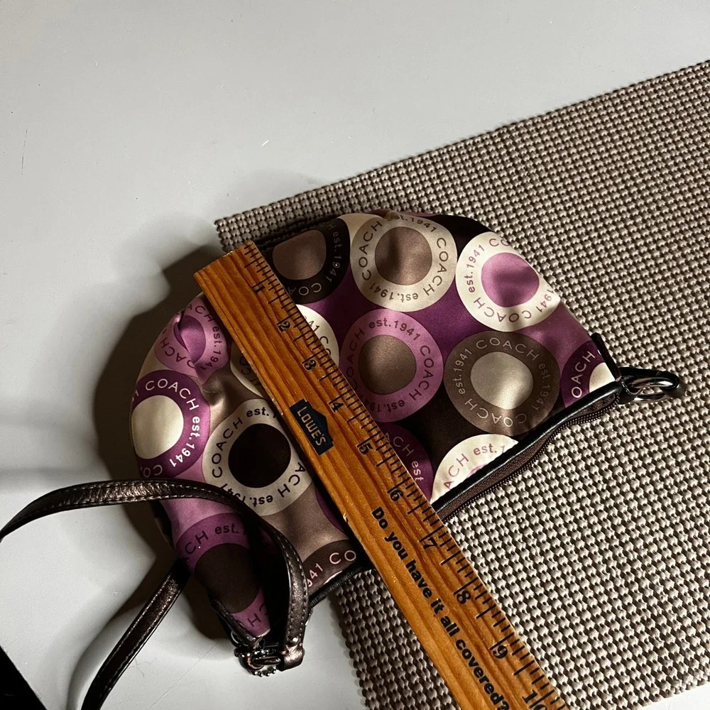 Coach Purple Brown Op Art Circle Satin Crossbody Bag Metallic Bronze Trim